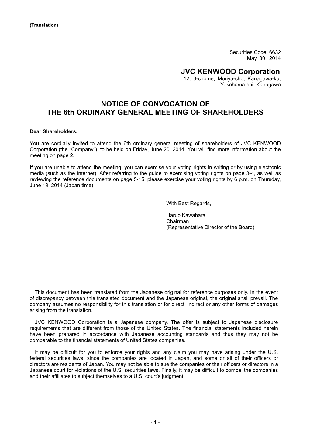 NOTICE of CONVOCATION of the 6Th ORDINARY GENERAL MEETING of SHAREHOLDERS