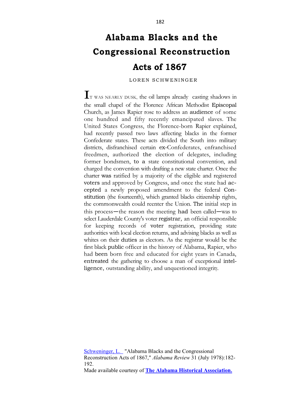 Alabama Blacks and the Congressional Reconstruction Acts of 1867,