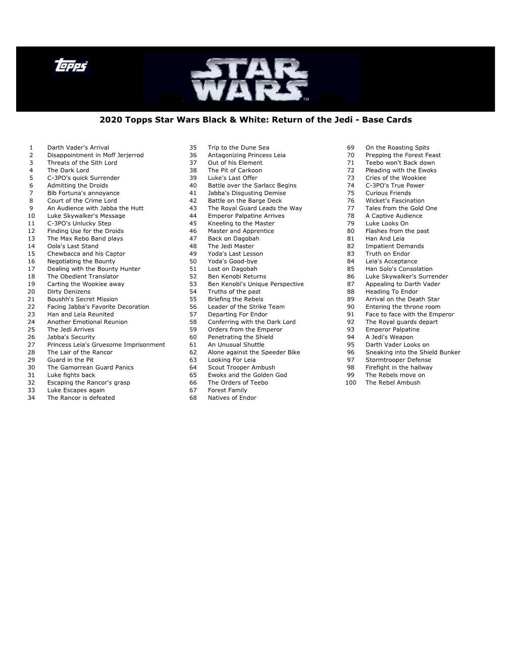 2020 Topps Star Wars Black & White: Return of the Jedi