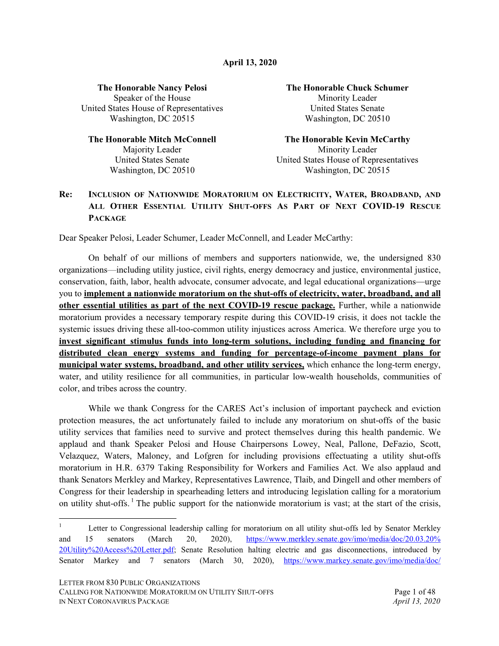 Inclusion of Nationwide Moratorium on Electricity, Water, Broadband, and All Other Essential Utility Shut-Offs As Part of Next Covid-19 Rescue Package