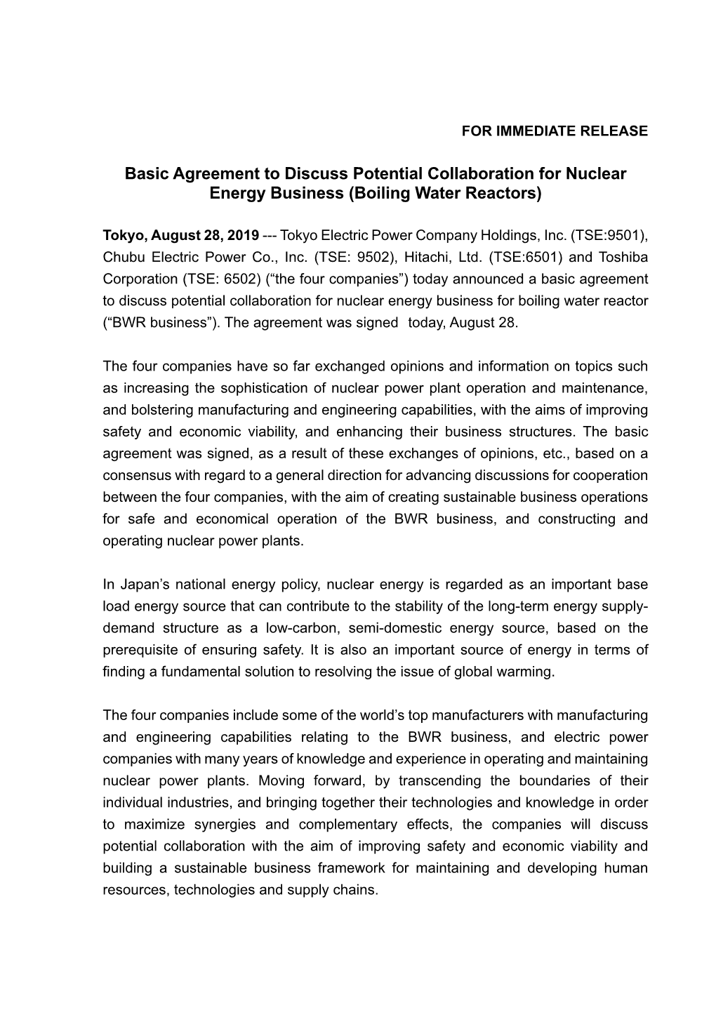 Basic Agreement to Discuss Potential Collaboration for Nuclear Energy Business (Boiling Water Reactors)