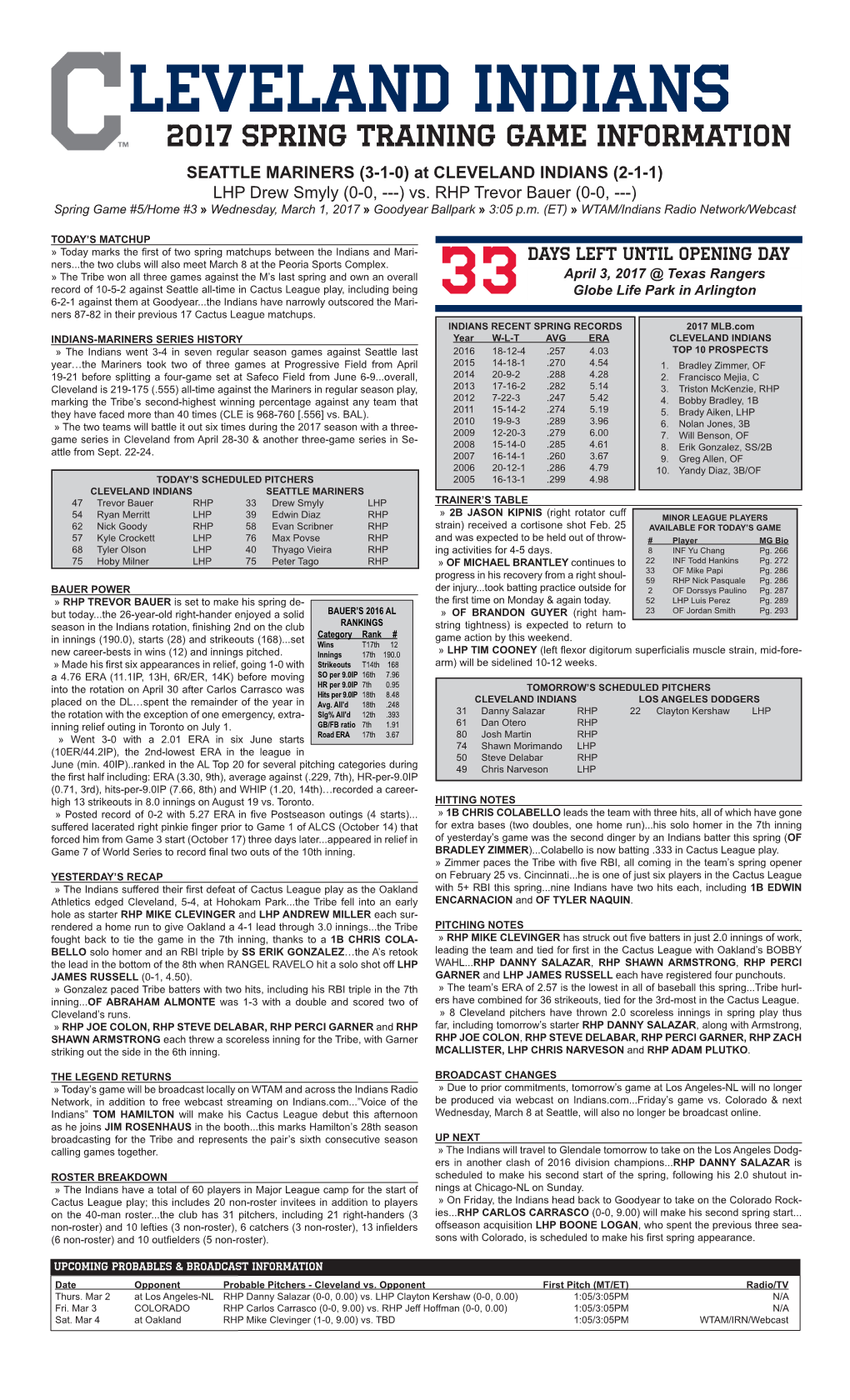 LEVELAND INDIANS 2017 SPRING TRAINING GAME INFORMATION SEATTLE MARINERS (3-1-0) at CLEVELAND INDIANS (2-1-1) LHP Drew Smyly (0-0, ---) Vs