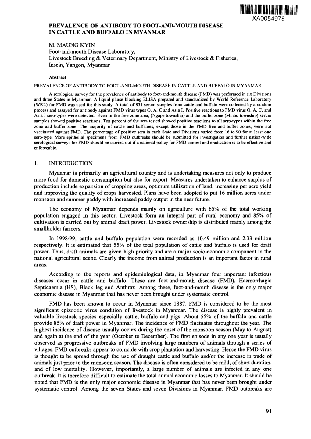 Xa0054978 Prevalence of Antibody to Foot-And-Mouth Disease in Cattle and Buffalo in Myanmar