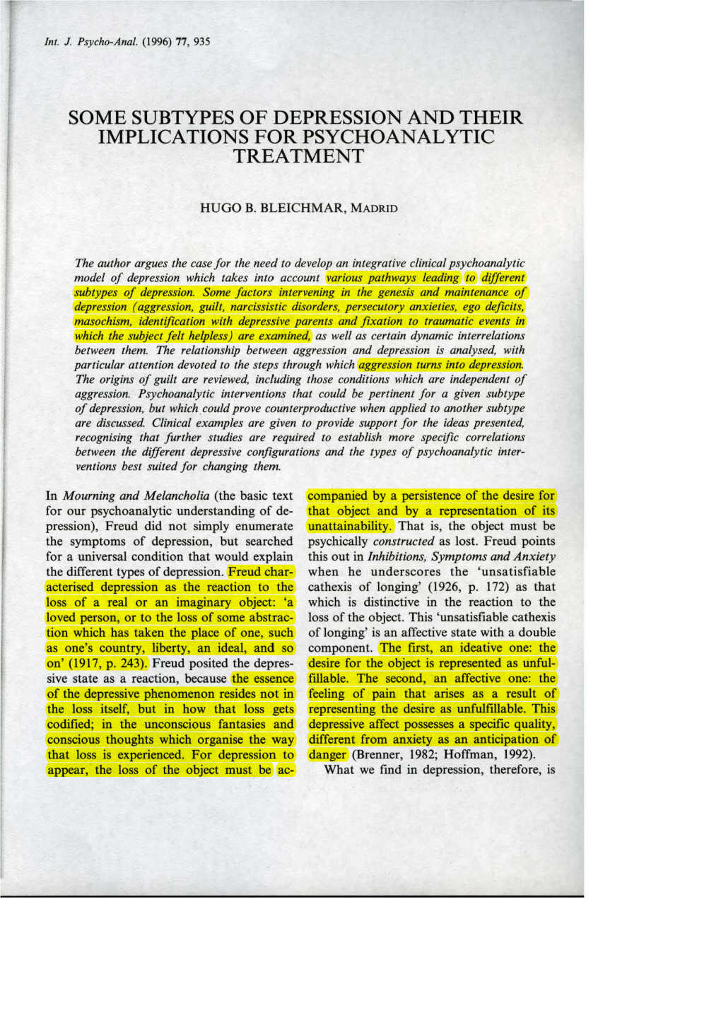 Some Subtypes of Depression and Their Implications for Psychoanalytic Treatment