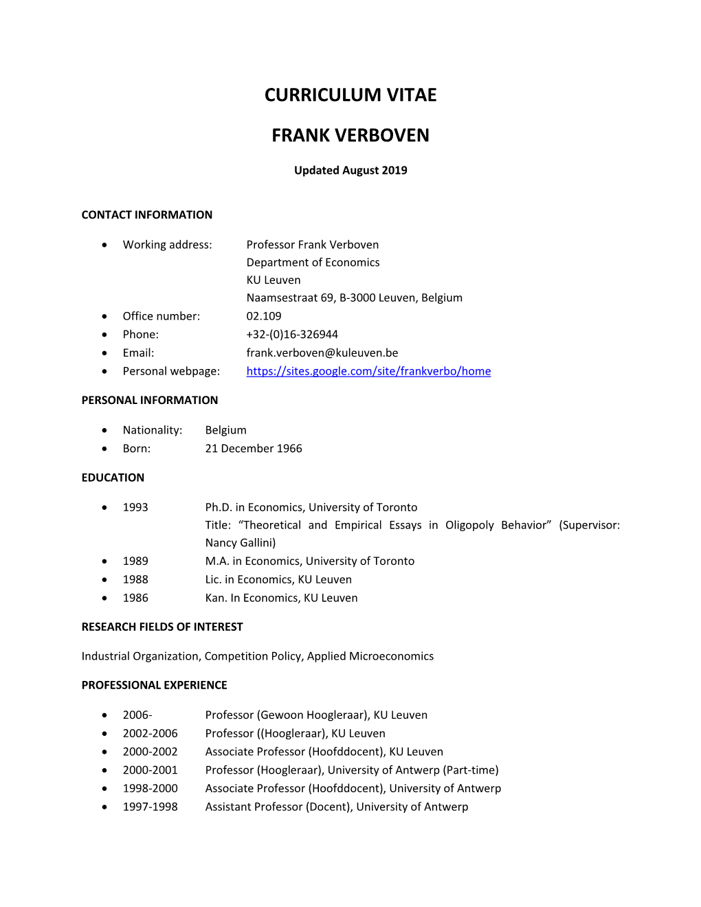 Curriculum Vitae Frank Verboven