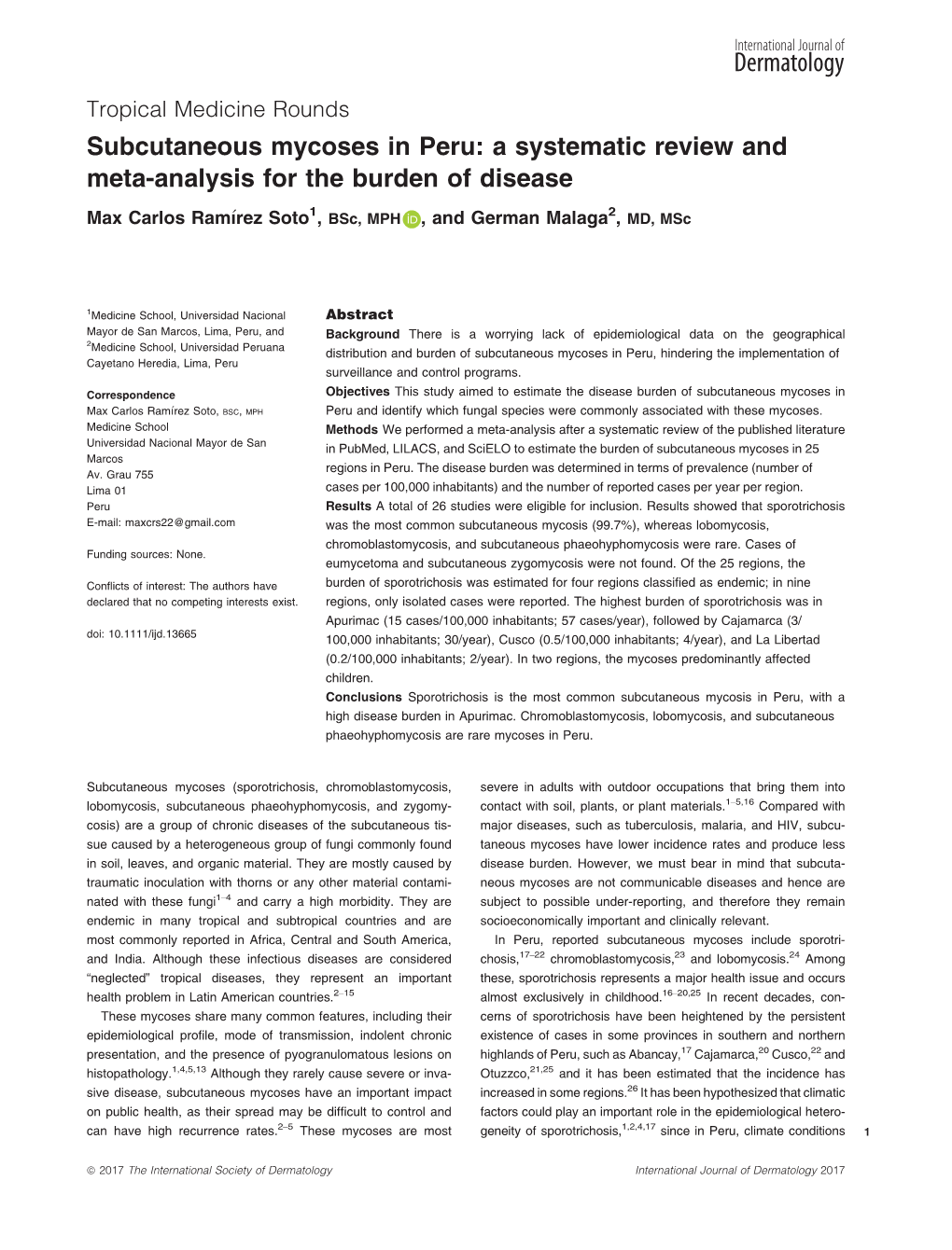 Subcutaneous Mycoses in Peru: a Systematic Review and Meta-Analysis for the Burden of Disease