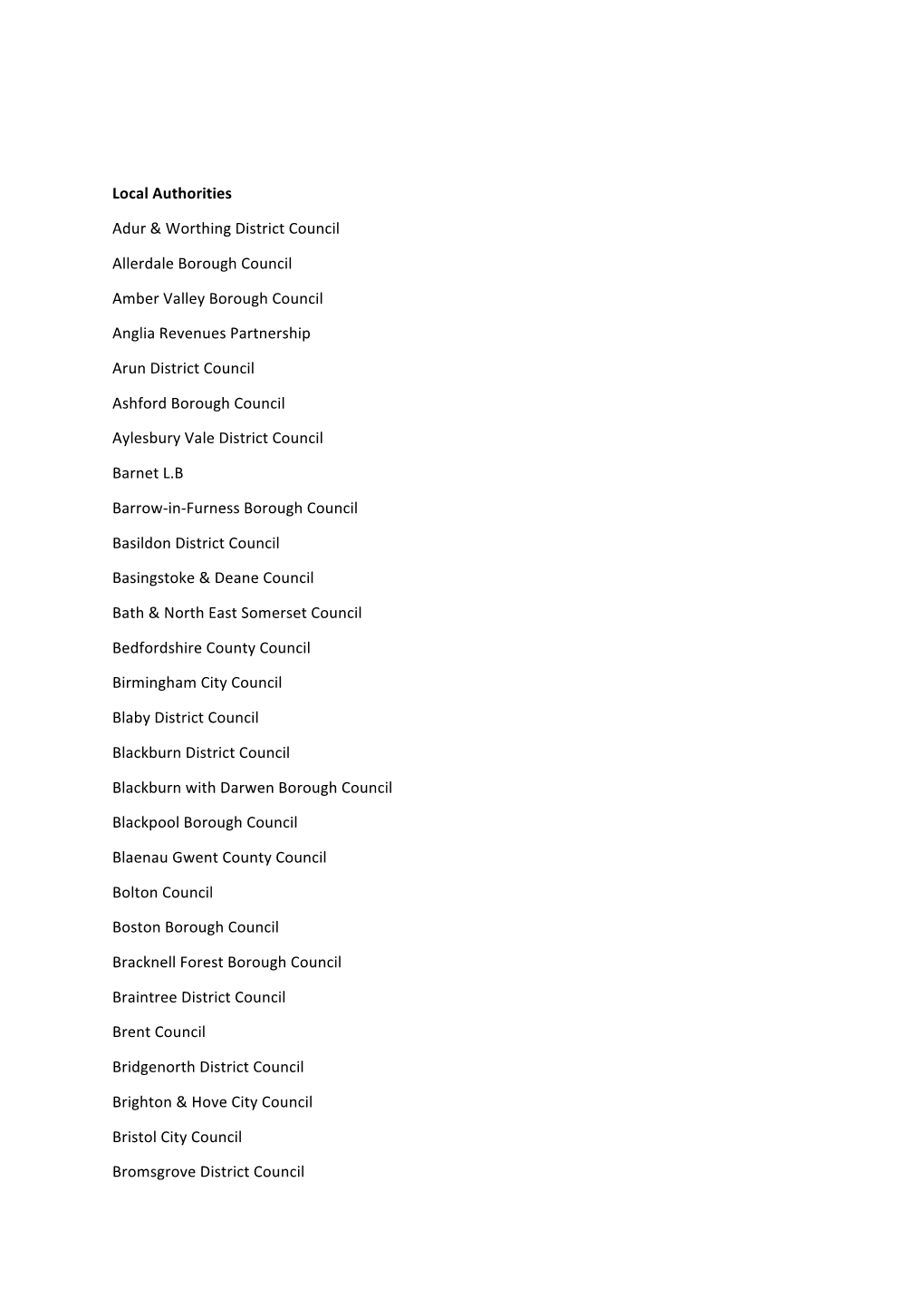 Local Authorities Adur & Worthing District Council Allerdale Borough