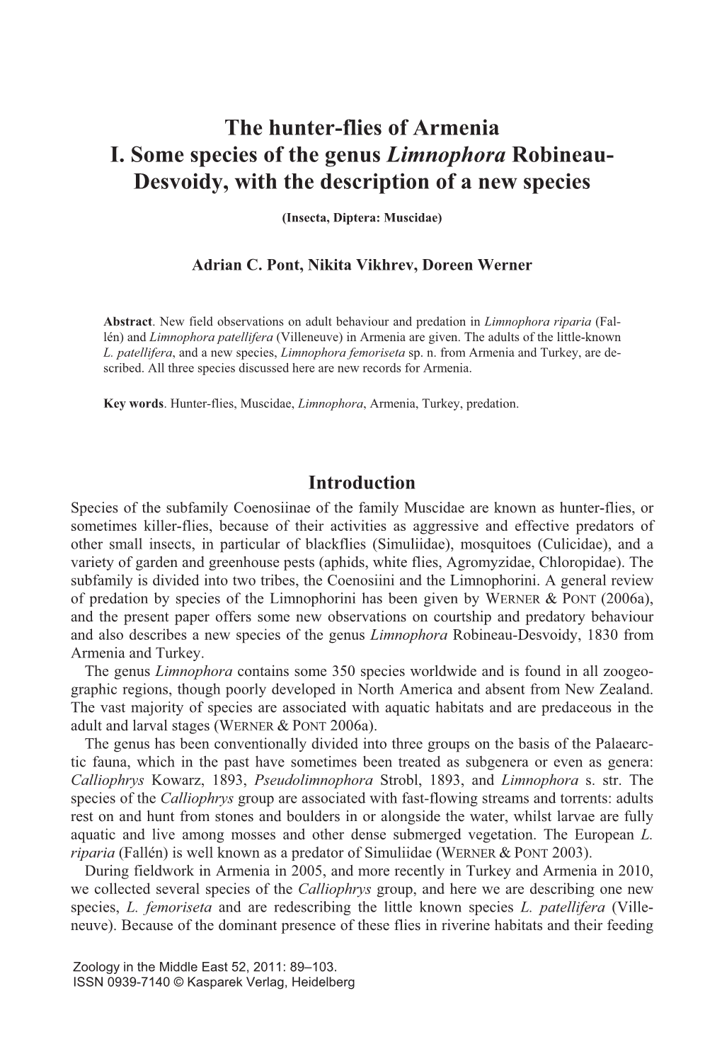 The Hunter-Flies of Armenia I. Some Species of the Genus Limnophora Robineau- Desvoidy, with the Description of a New Species