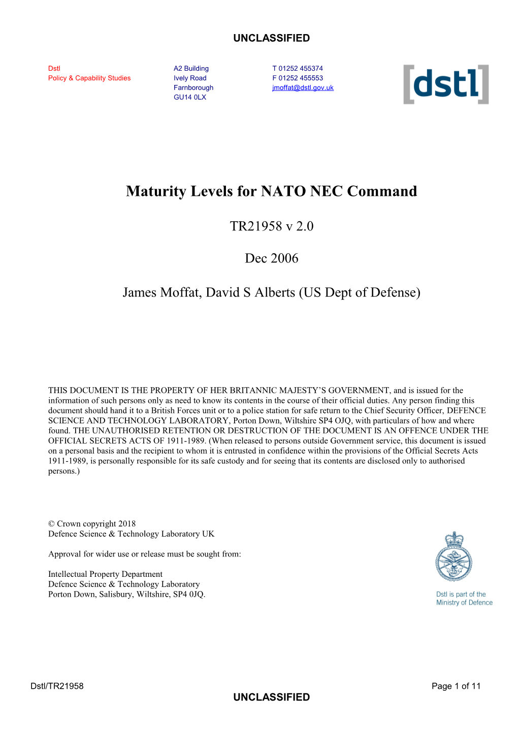 This Report, Representing Joint Work with the US, Describes Levels of Maturity for NATO