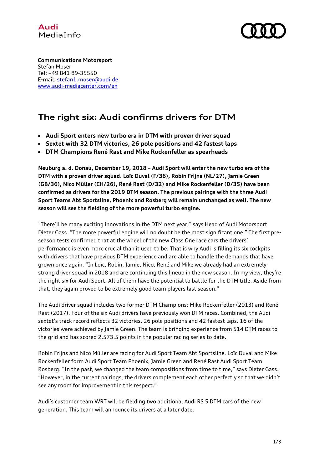 Audi Confirms Drivers for DTM