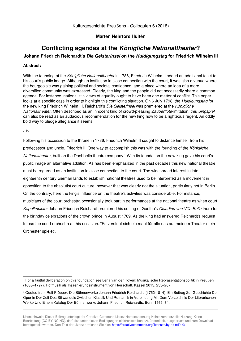 Conflicting Agendas at the Königliche Nationaltheater? Johann Friedrich Reichardt's Die Geisterinsel on the Huldigungstag for Friedrich Wilhelm III