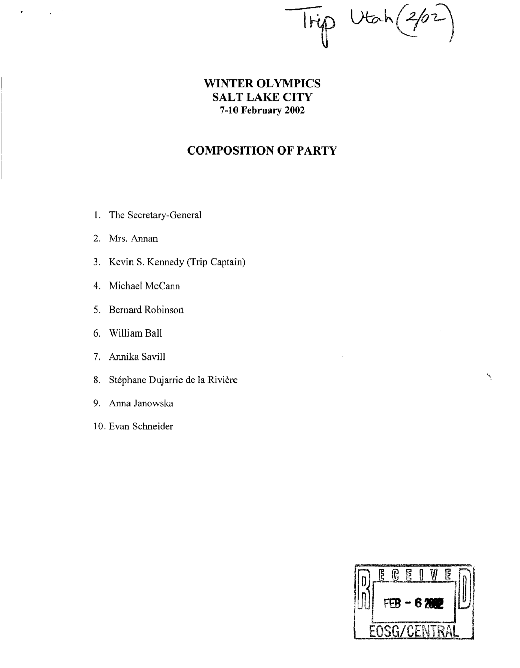 Winter Olympics Salt Lake City Composition of Party