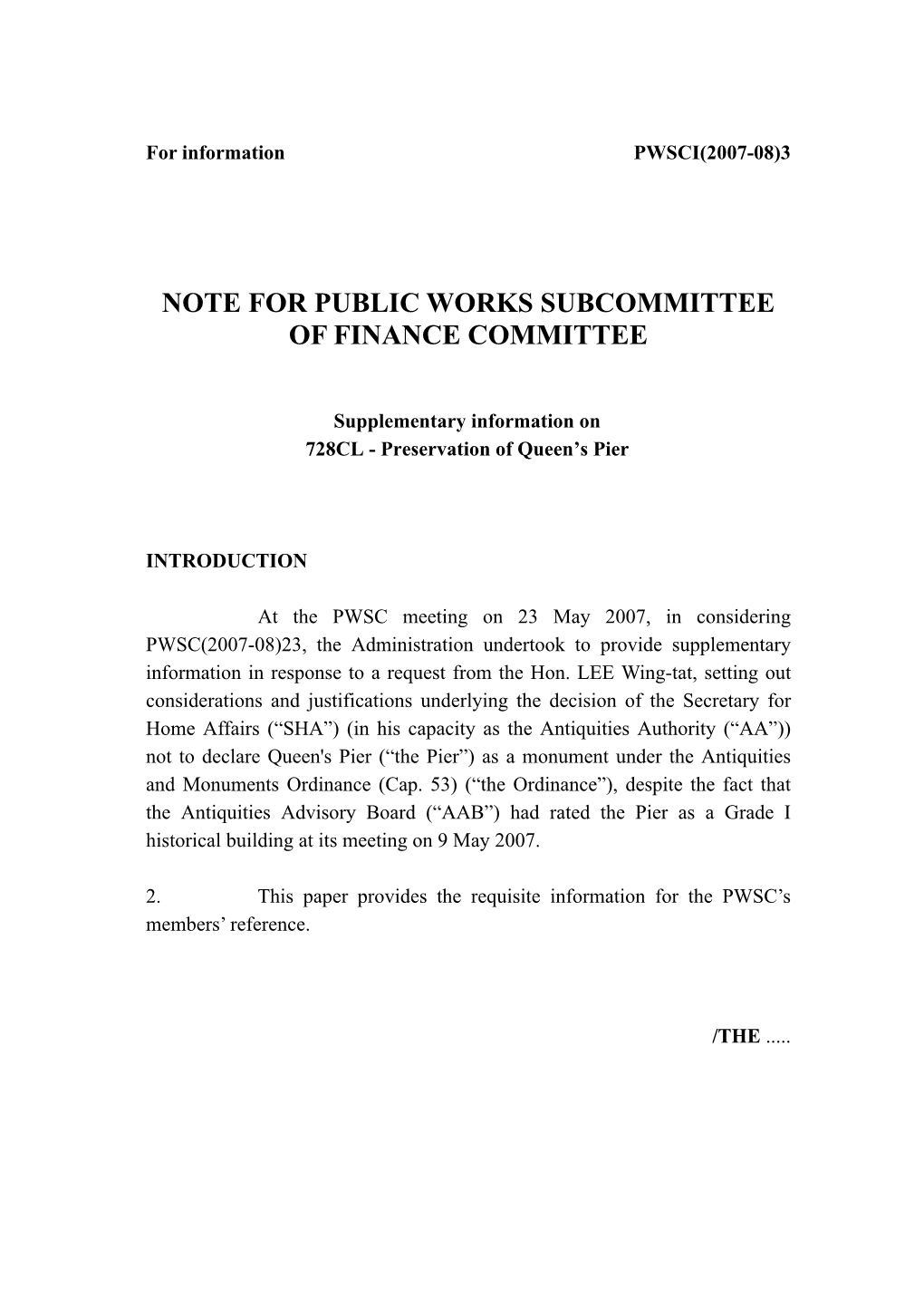 Note for Public Works Subcommittee of Finance Committee