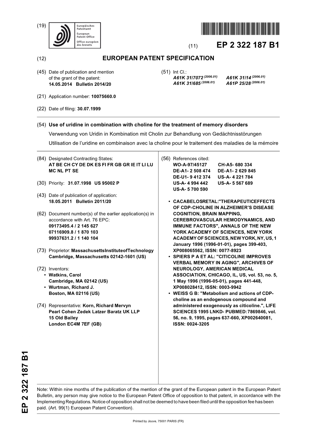 Use of Uridine in Combination with Choline for the Treatment of Memory