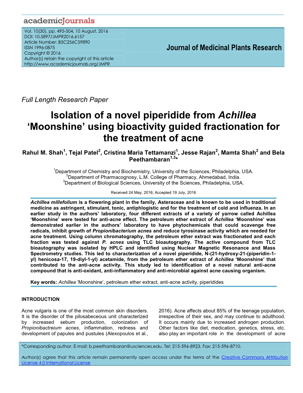 Isolation of a Novel Piperidide from Achillea 'Moonshine'