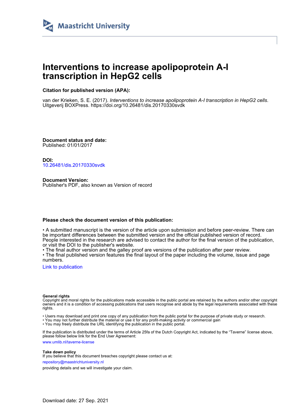 Interventions to Increase Apolipoprotein A-I Transcription in Hepg2 Cells