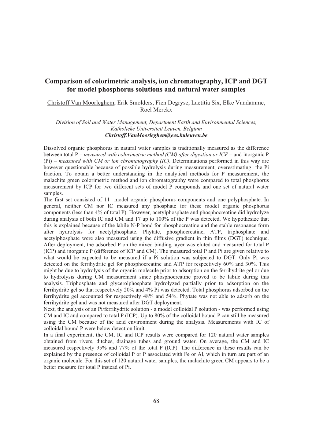 Comparison of Colorimetric Analysis, Ion Chromatography, ICP and DGT for Model Phosphorus Solutions and Natural Water Samples