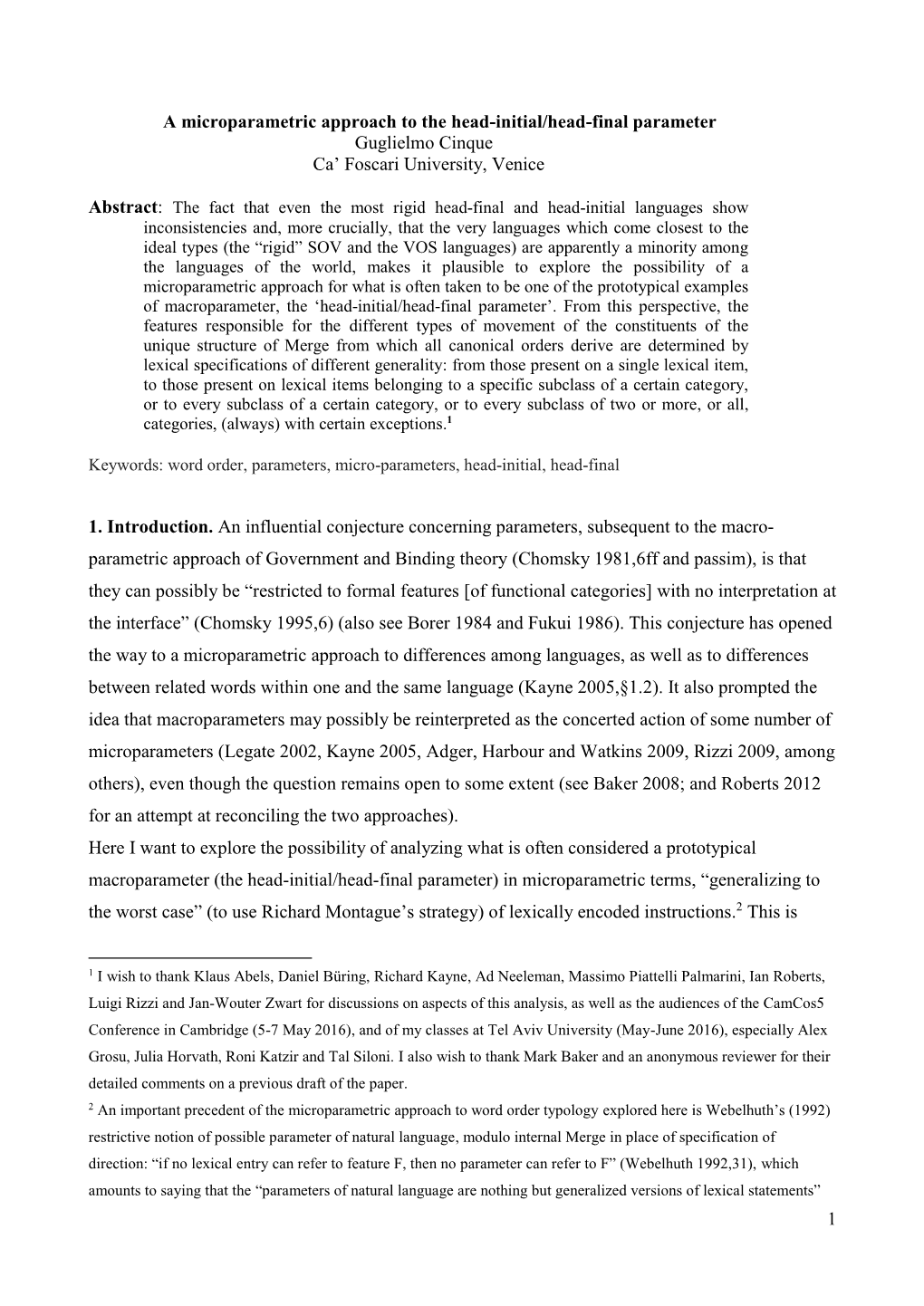 1 a Microparametric Approach to the Head-Initial/Head-Final Parameter