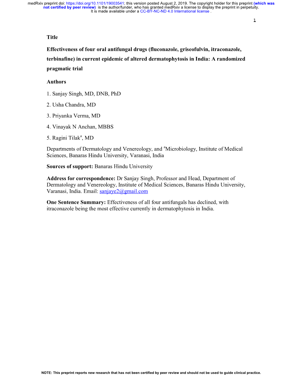 Fluconazole, Griseofulvin, Itraconazole, Terbinafine) in Current Epidemic of Altered Dermatophytosis in India: a Randomized Pragmatic Trial