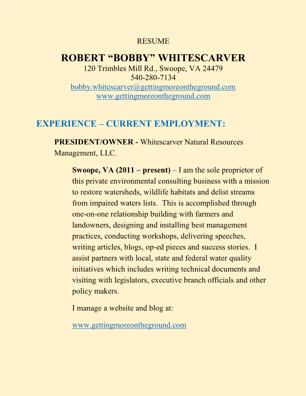 Bobby Whitescarver Resume 2017