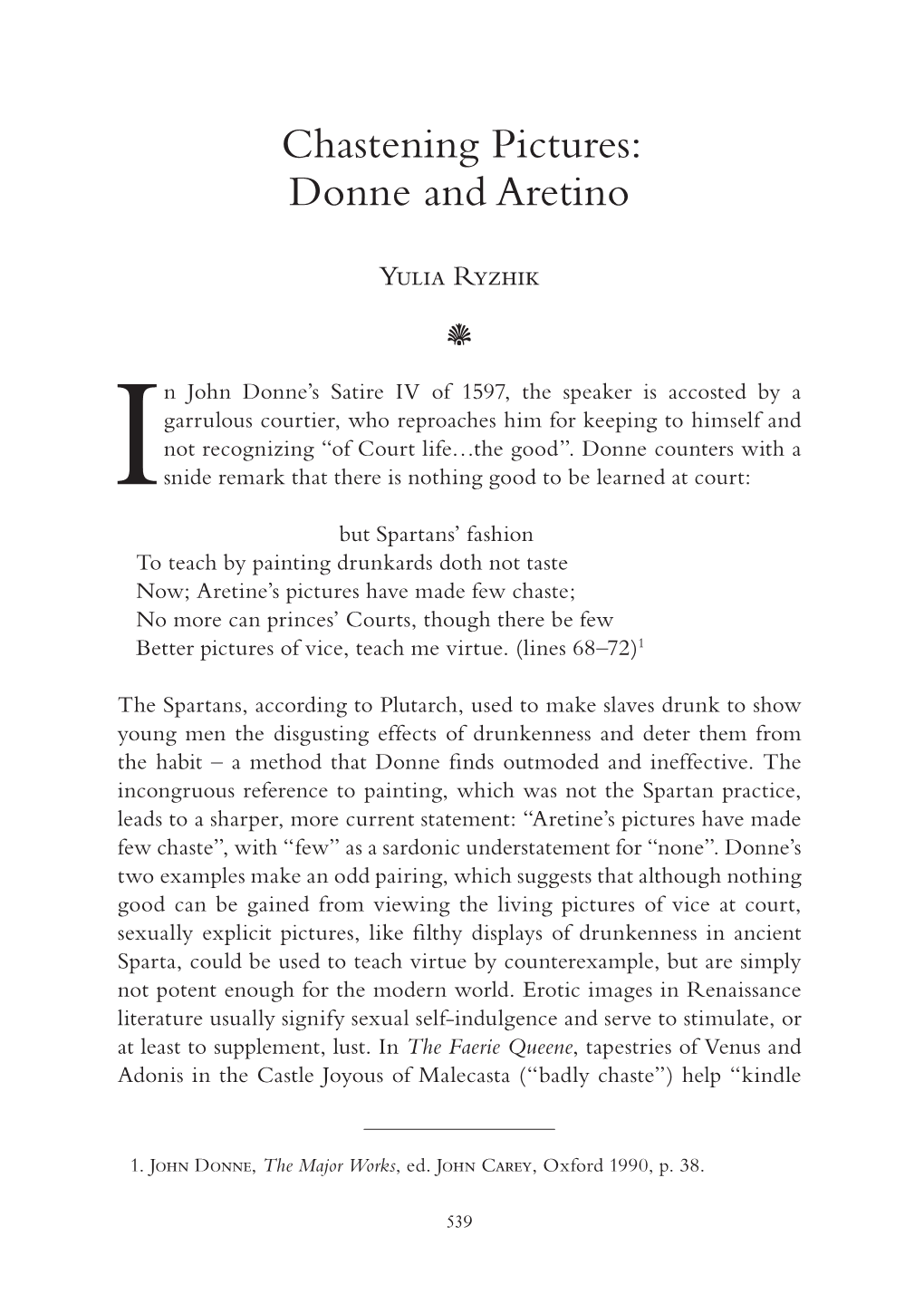 Chastening Pictures: Donne and Aretino