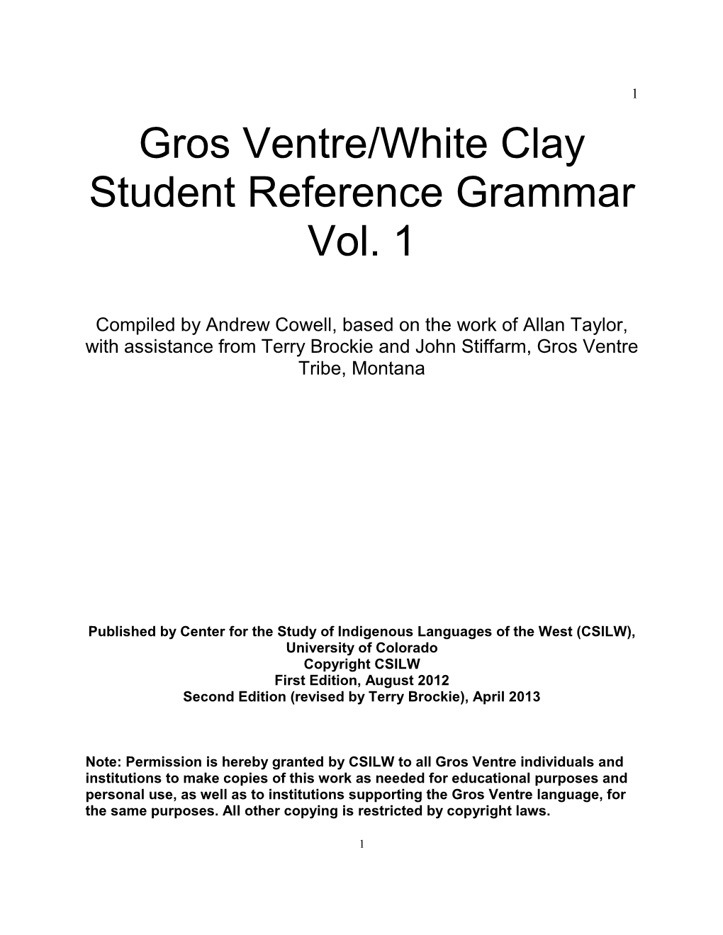 Gros Ventre Student Grammar