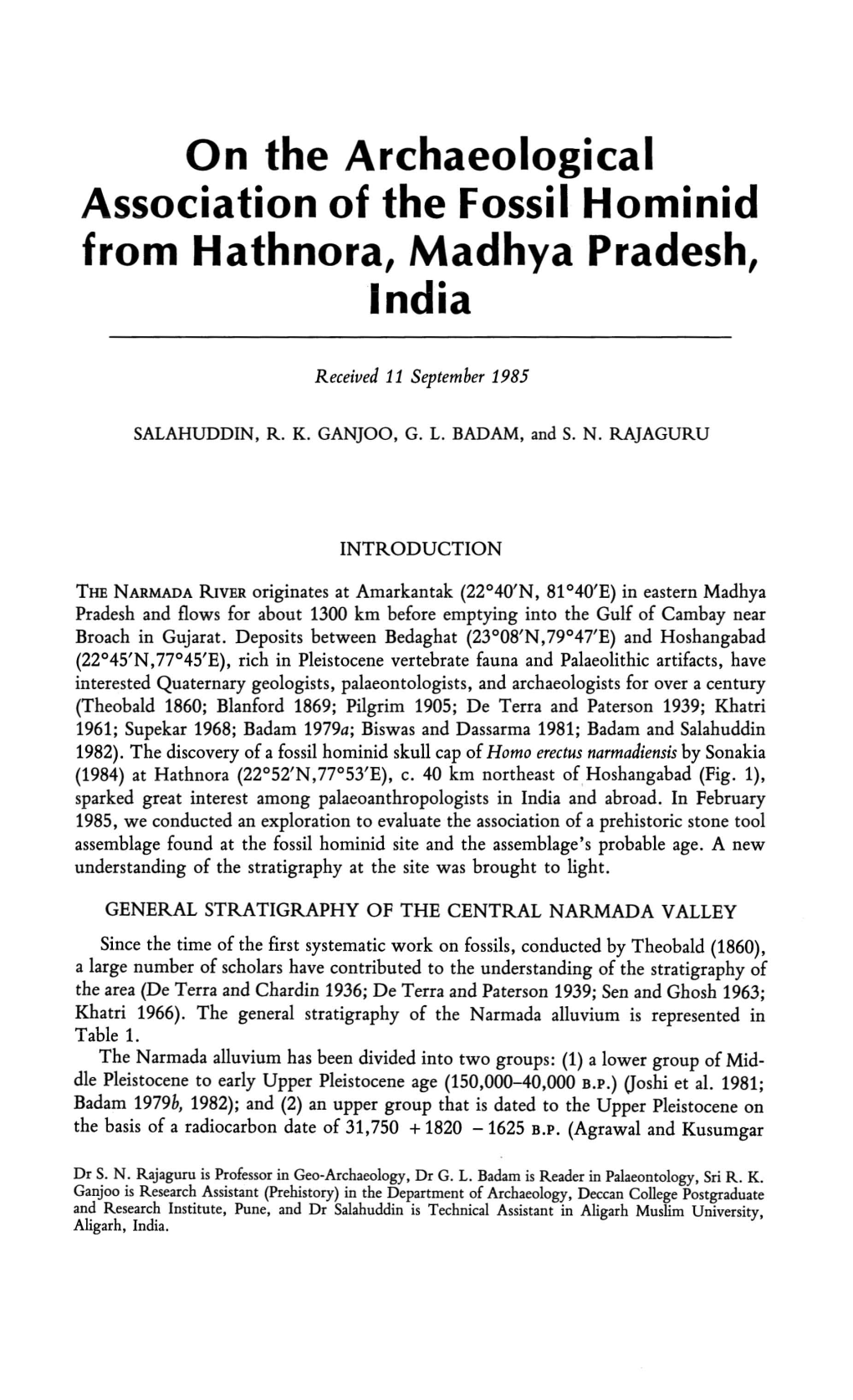 On the Archaeological Association of the Fossil Hominid from Hathnora, Madhya Pradesh, India