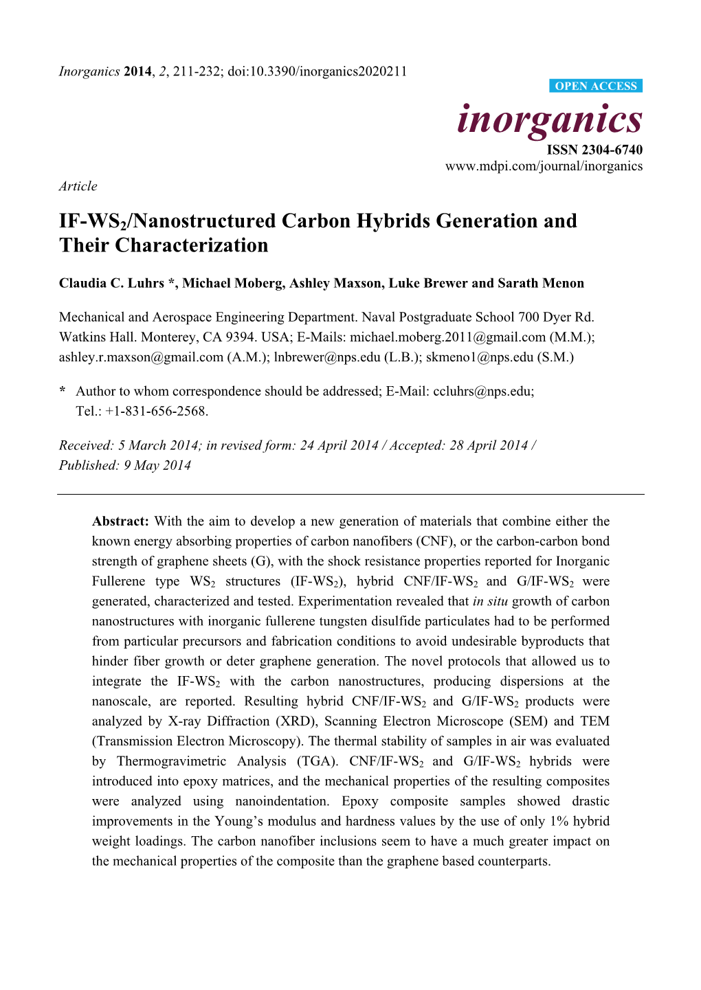 IF-WS2/Nanostructured Carbon Hybrids Generation and Their Characterization