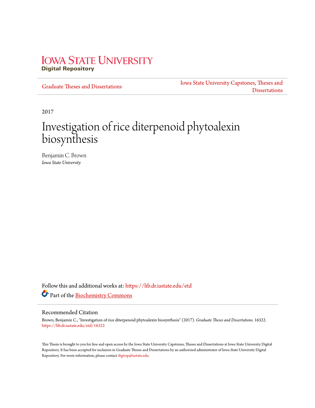 Investigation of Rice Diterpenoid Phytoalexin Biosynthesis Benjamin C