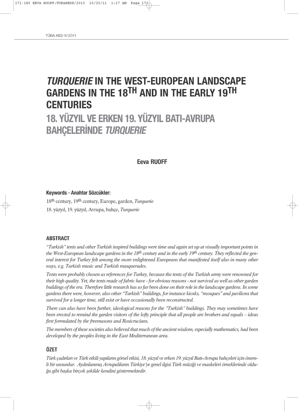 TURQUERIE in the WEST-EUROPEAN LANDSCAPE GARDENS in the 18Th and in the EARLY 19Th CENTURIES 18