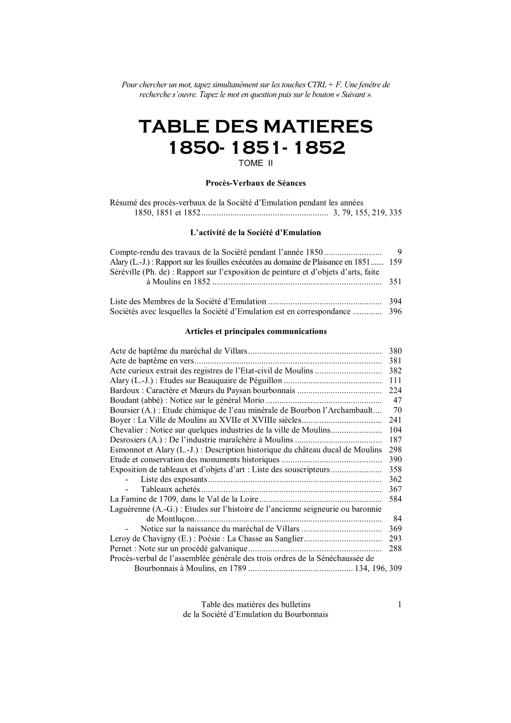 Table Des Matieres 1850- 1851- 1852 Tome Ii