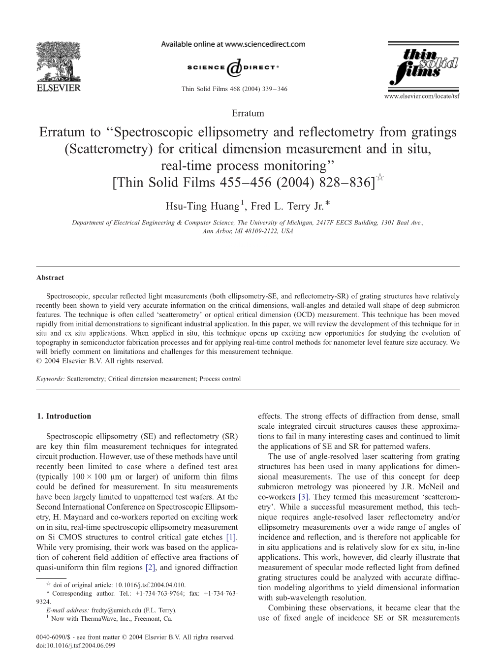 Erratum to ''Spectroscopic Ellipsometry and Reflectometry from Gratings