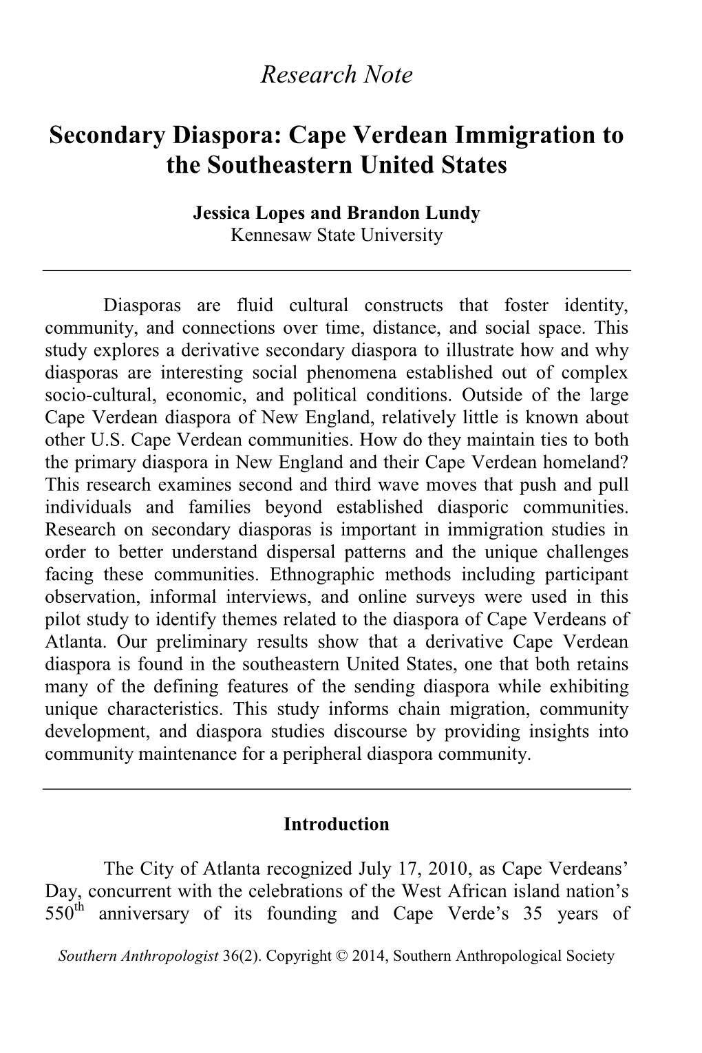 Research Note Secondary Diaspora: Cape Verdean Immigration to The