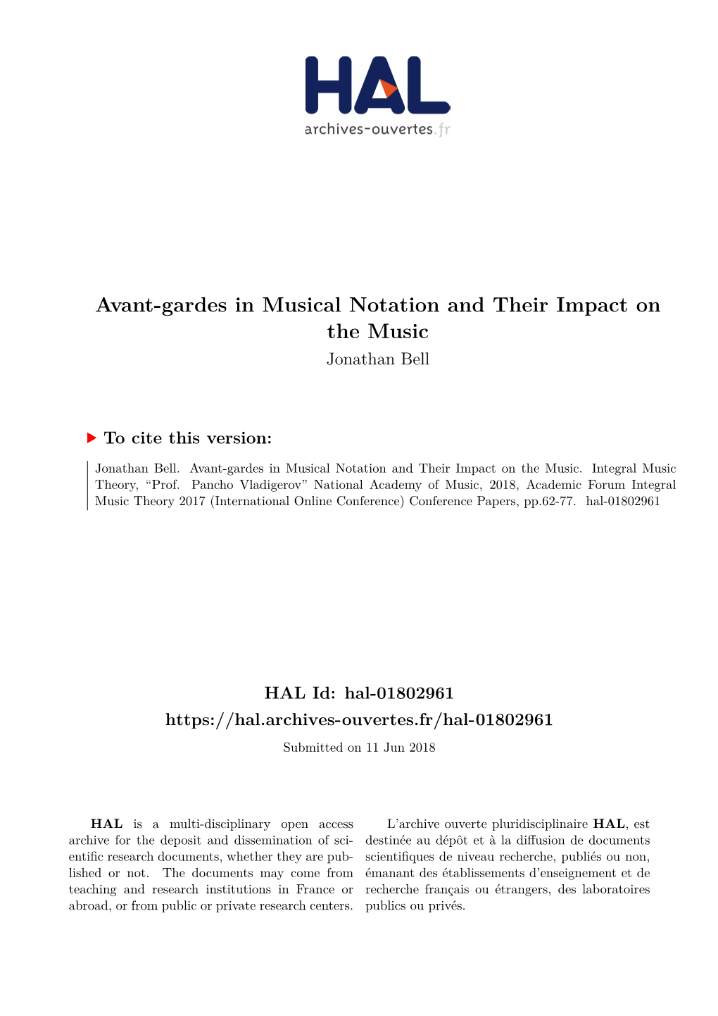 Avant-Gardes in Musical Notation and Their Impact on the Music Jonathan Bell