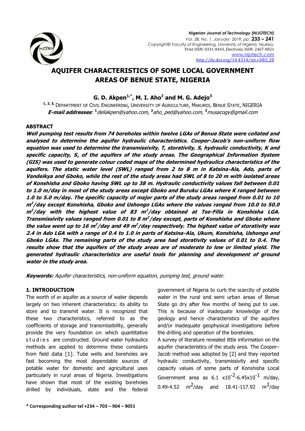 Aquifer Characteristics of Some Local Government Areas of Benue State, Nigeria
