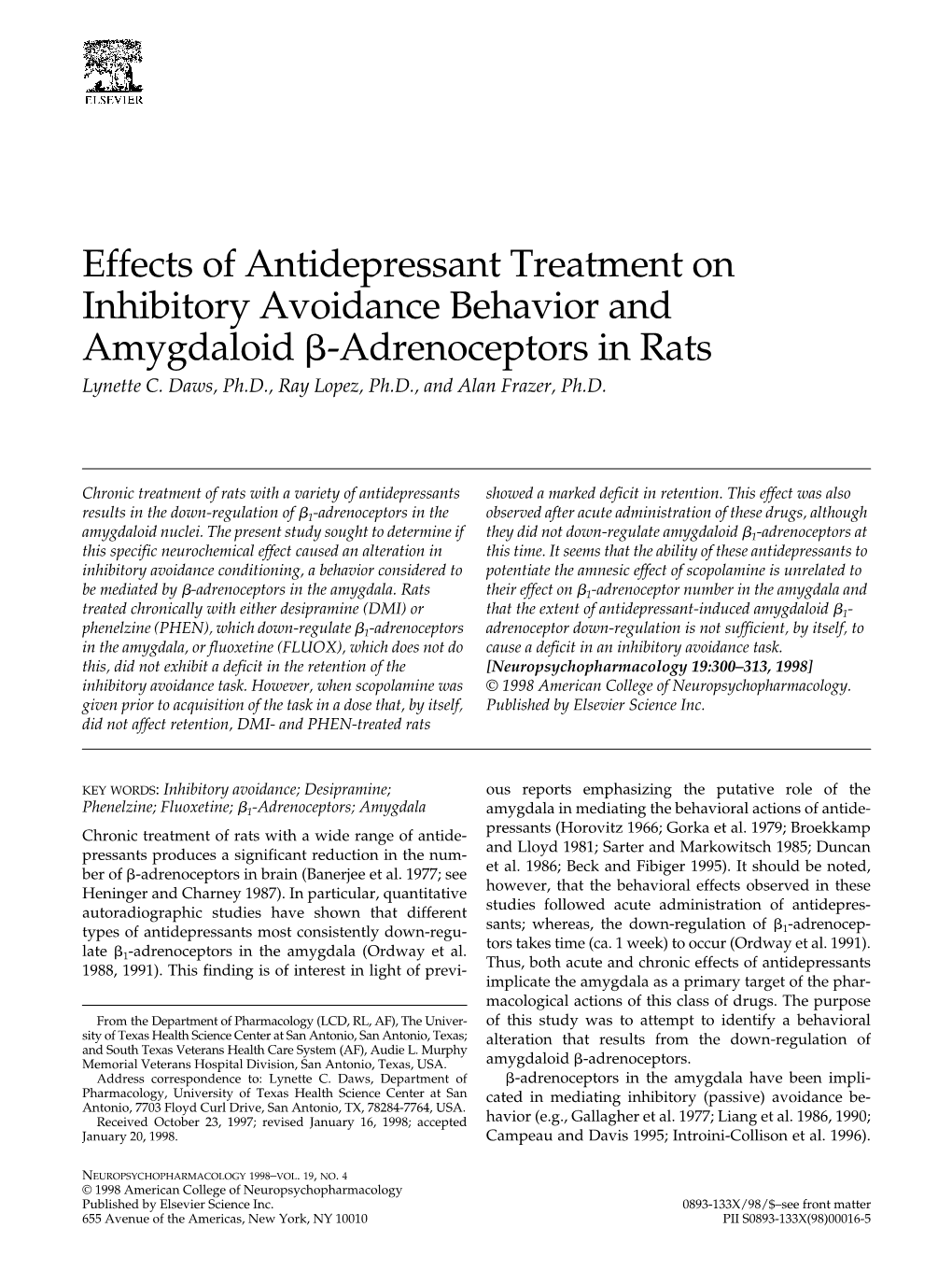 Effects of Antidepressant Treatment on Inhibitory Avoidance Behavior and Amygdaloid ␤-Adrenoceptors in Rats Lynette C