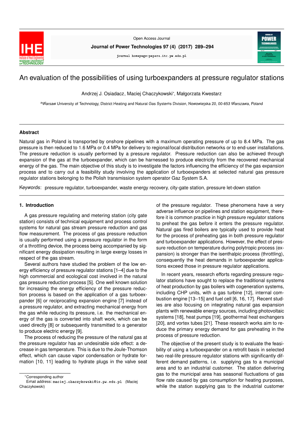 An Evaluation of the Possibilities of Using Turboexpanders at Pressure Regulator Stations