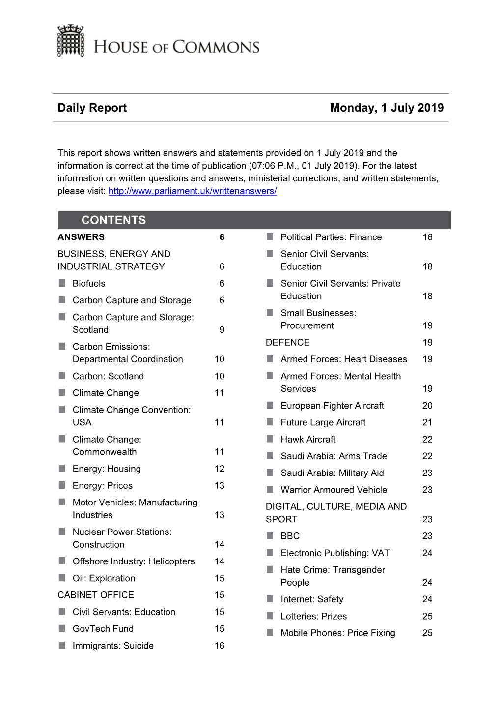 Daily Report Monday, 1 July 2019 CONTENTS