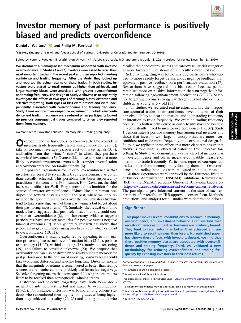 Investor Memory of Past Performance Is Positively Biased and Predicts Overconfidence