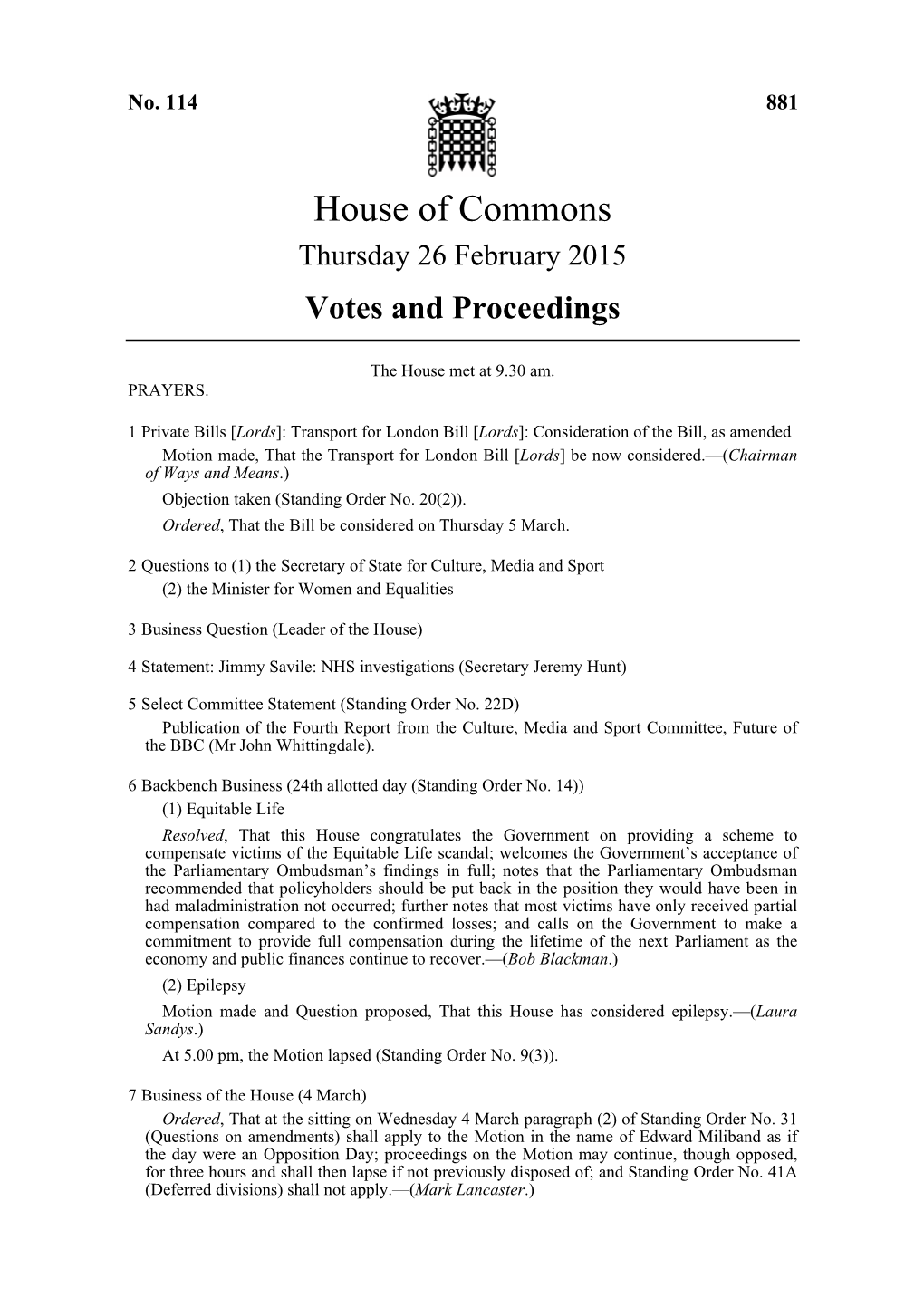 House of Commons Thursday 26 February 2015 Votes and Proceedings