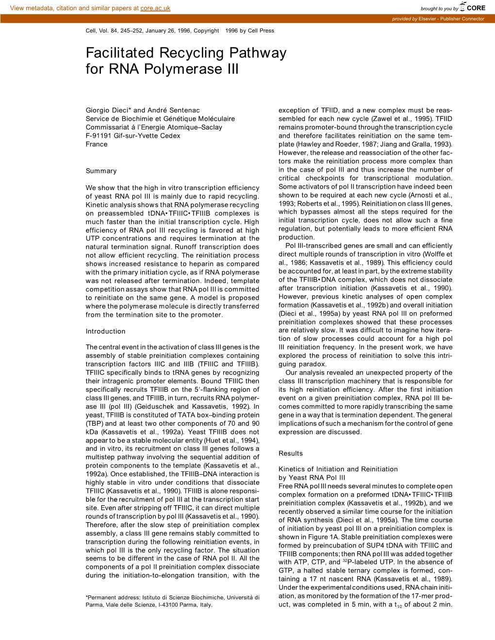 Facilitated Recycling Pathway for RNA Polymerase III