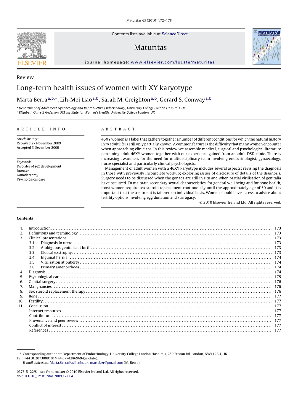 Maturitas Long-Term Health Issues of Women with XY Karyotype