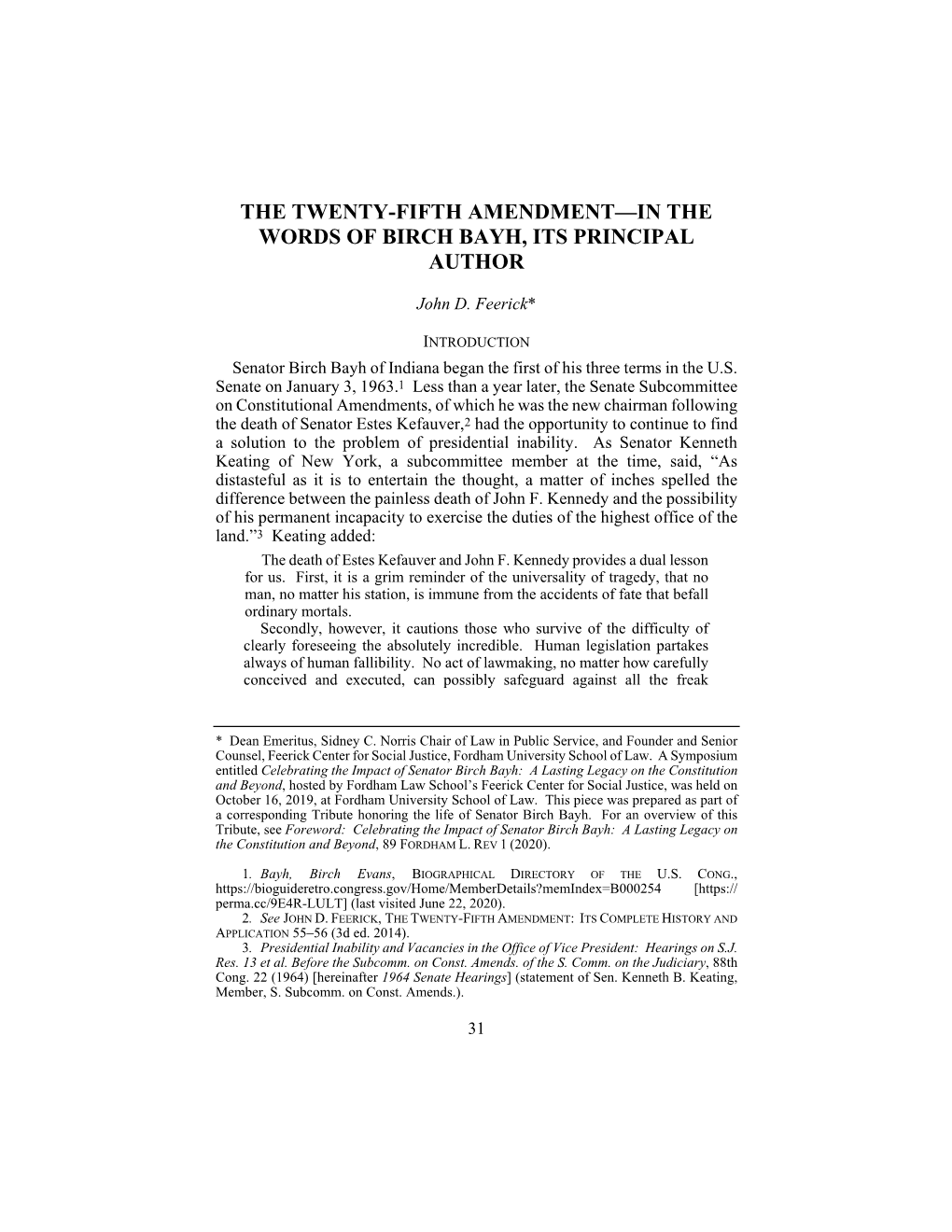 The Twenty-Fifth Amendment—In the Words of Birch Bayh, Its Principal Author
