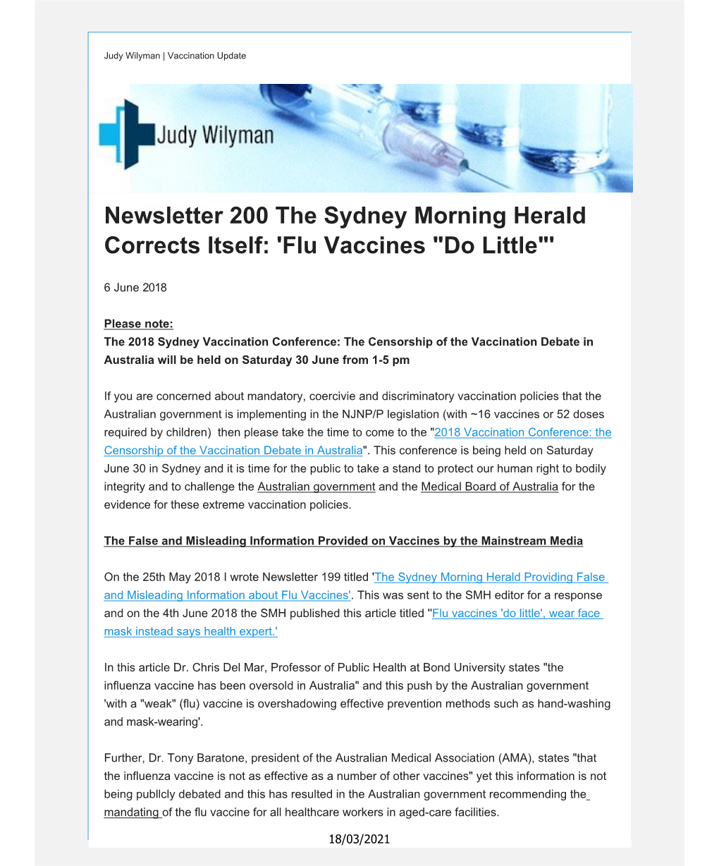 Newsletter 200 the Sydney Morning Herald Corrects Itself: 'Flu Vaccines "Do Little"'