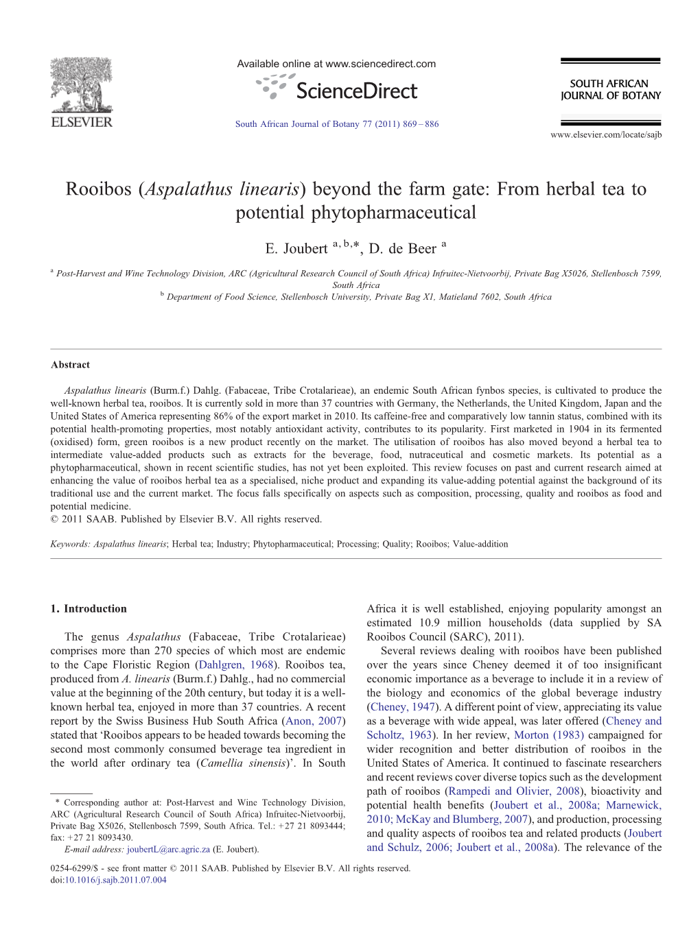 Rooibos (Aspalathus Linearis) Beyond the Farm Gate: from Herbal Tea to Potential Phytopharmaceutical ⁎ E