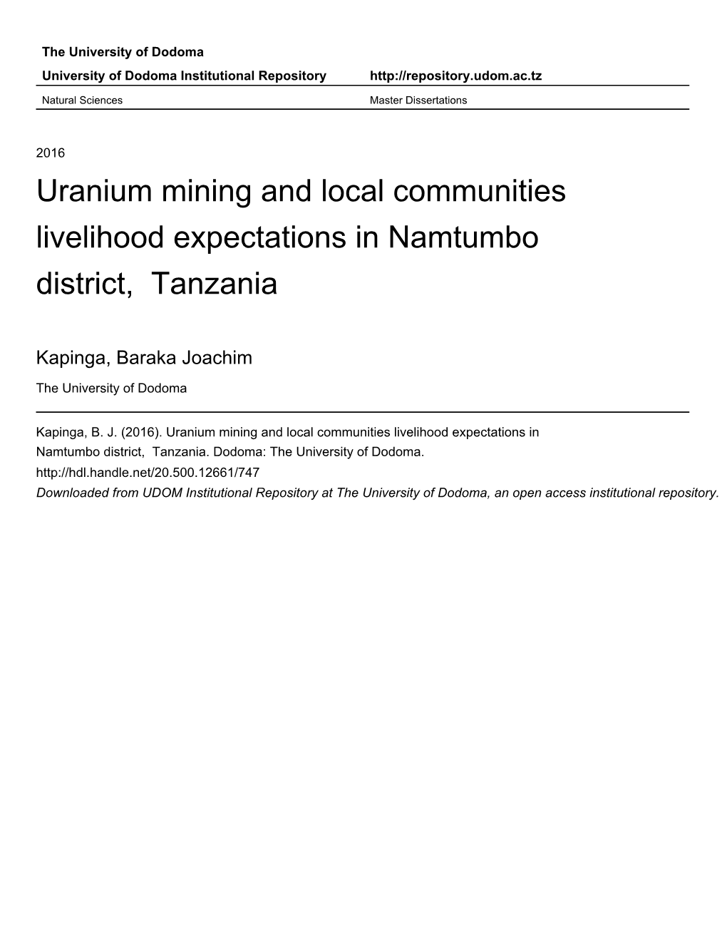 Uranium Mining and Local Communities Livelihood Expectations in Namtumbo District, Tanzania