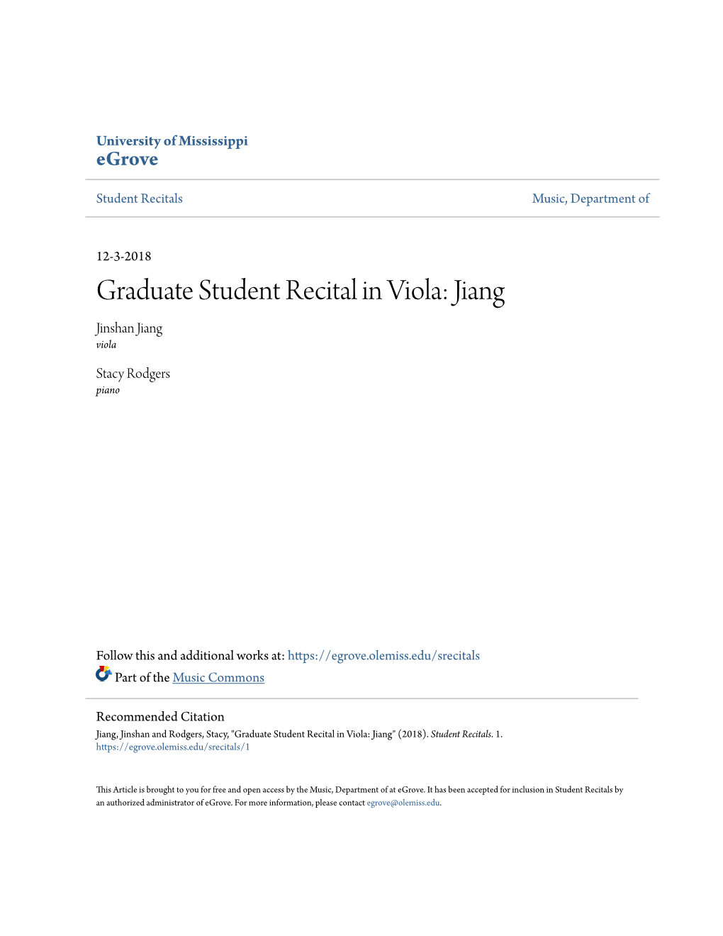 Graduate Student Recital in Viola: Jiang Jinshan Jiang Viola