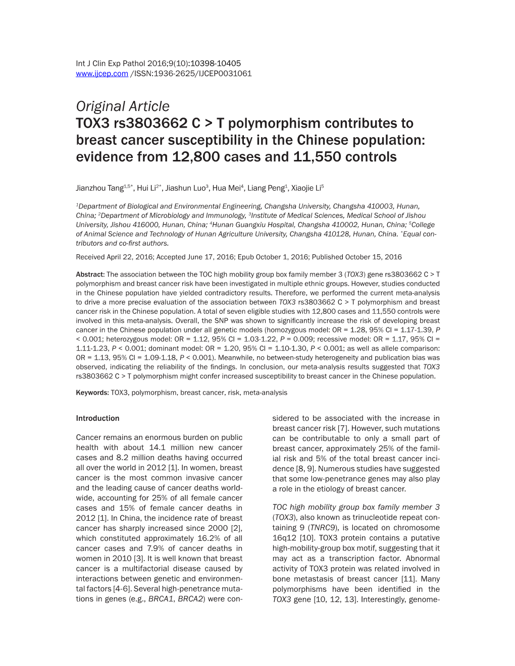 Original Article TOX3 Rs3803662 C > T Polymorphism Contributes to Breast