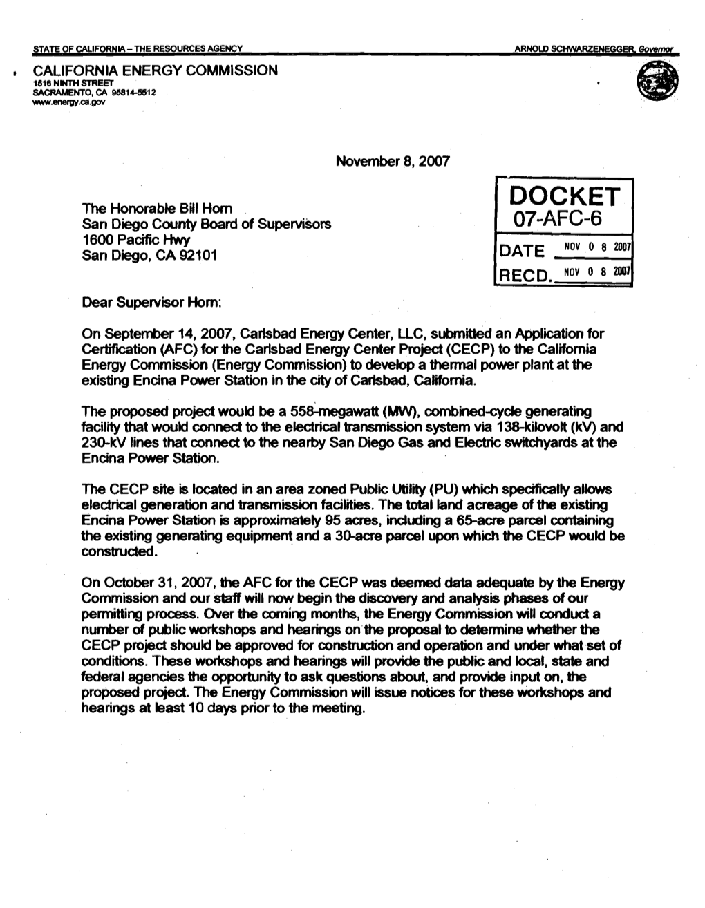 DOCKET San Diego County Board of Supervisors 07-AFC-6 1600 Pacific My NOV 0 8 2007 San Dio,CA 92101 DATE RECD