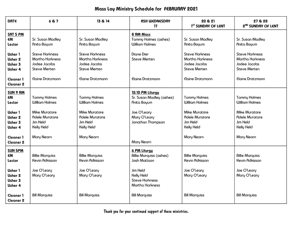 Mass Lay Ministry Schedule for FEBRUARY 2021